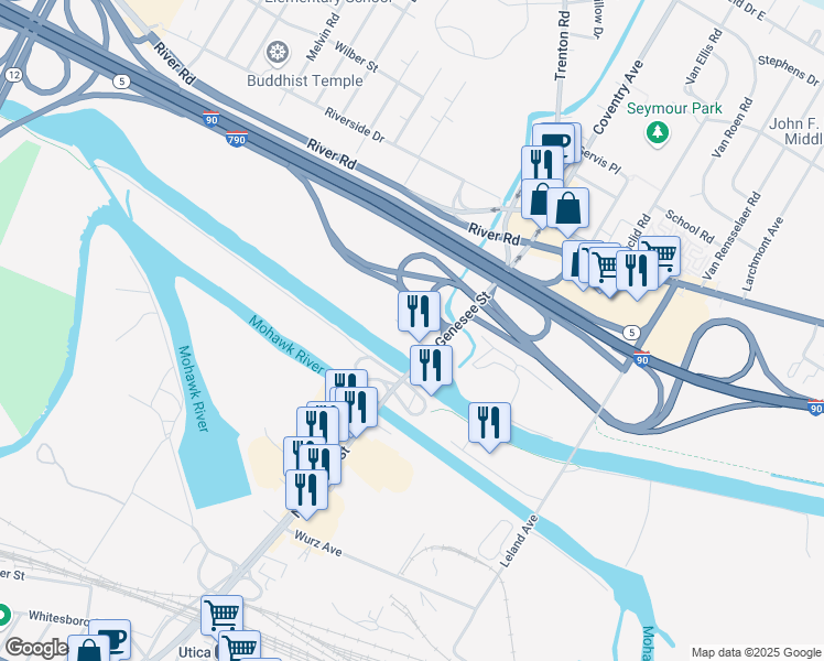 map of restaurants, bars, coffee shops, grocery stores, and more near 249 North Genesee Street in Utica