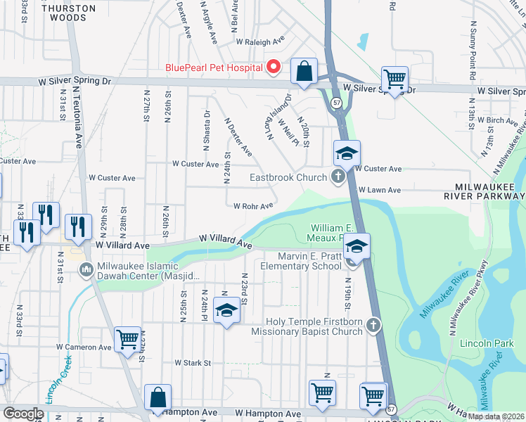 map of restaurants, bars, coffee shops, grocery stores, and more near 2237 West Rohr Avenue in Milwaukee