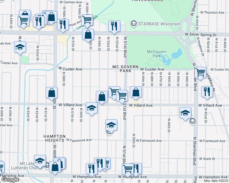 map of restaurants, bars, coffee shops, grocery stores, and more near 5247 North 52nd Street in Milwaukee