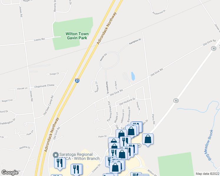 map of restaurants, bars, coffee shops, grocery stores, and more near 1 Kempton Place in Saratoga Springs