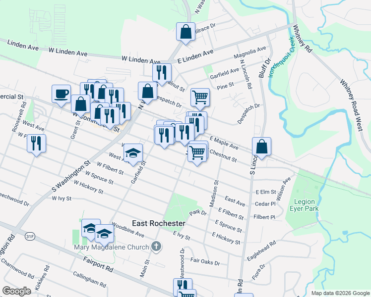 map of restaurants, bars, coffee shops, grocery stores, and more near None in East Rochester
