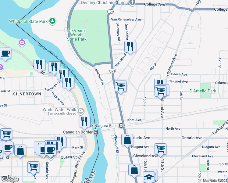 map of restaurants, bars, coffee shops, grocery stores, and more near 2645 Spring Street in Niagara Falls