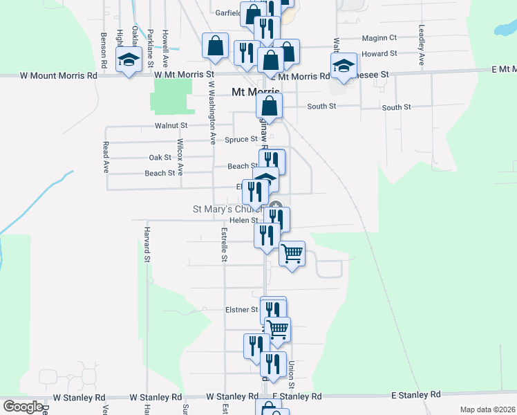 map of restaurants, bars, coffee shops, grocery stores, and more near 679 Helen Street in Mount Morris