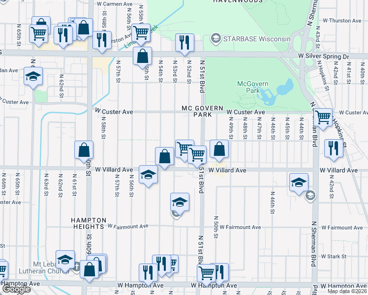 map of restaurants, bars, coffee shops, grocery stores, and more near 5247 North 52nd Street in Milwaukee