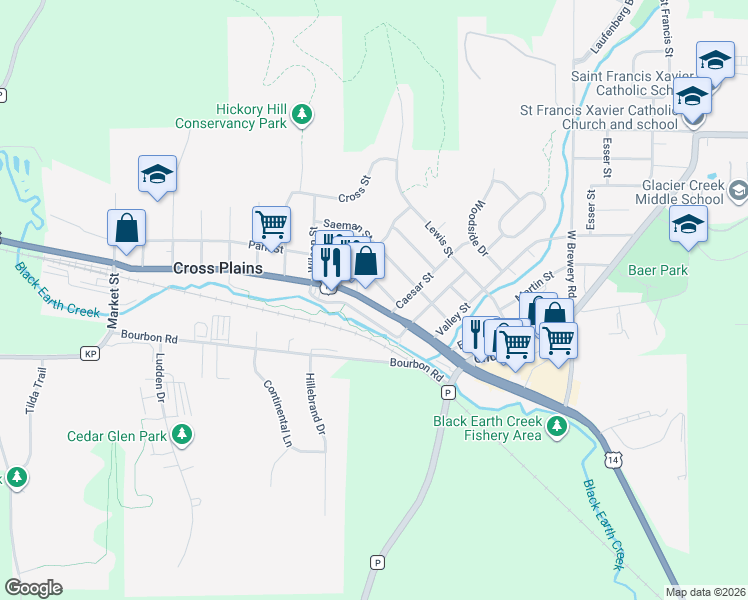 map of restaurants, bars, coffee shops, grocery stores, and more near 2014 Main Street in Cross Plains