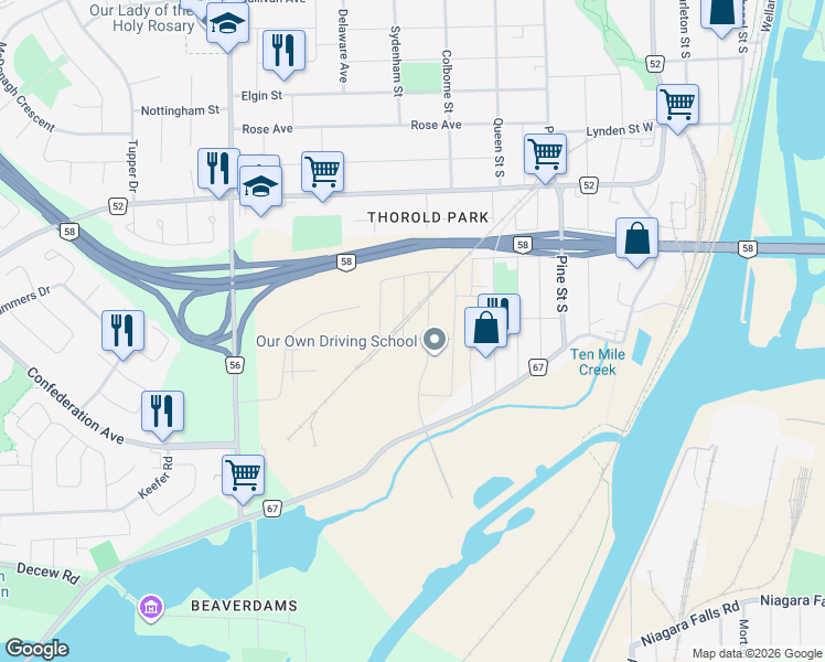 map of restaurants, bars, coffee shops, grocery stores, and more near 36 Bruton Street in Thorold