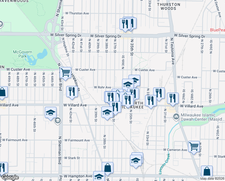 map of restaurants, bars, coffee shops, grocery stores, and more near 5269 North 37th Street in Milwaukee
