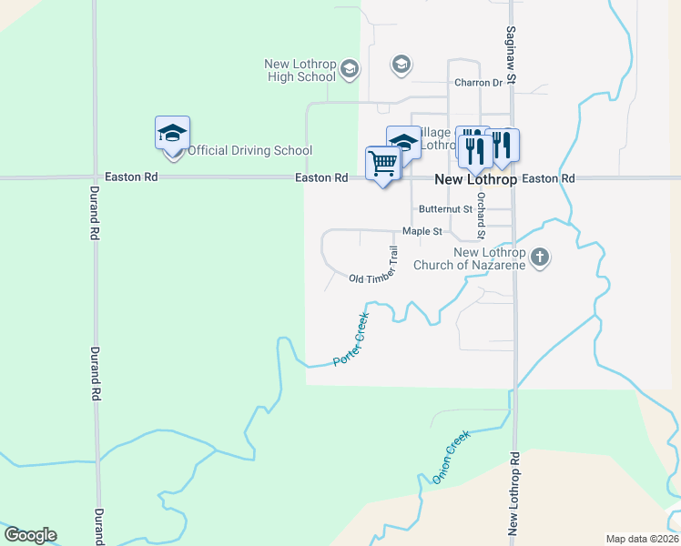 map of restaurants, bars, coffee shops, grocery stores, and more near 7546 Old Timber Trail in New Lothrop