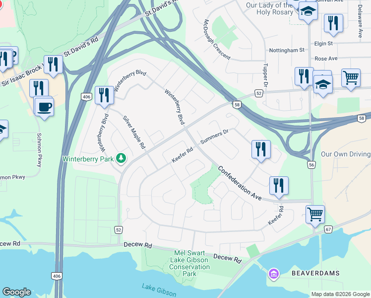 map of restaurants, bars, coffee shops, grocery stores, and more near in Thorold