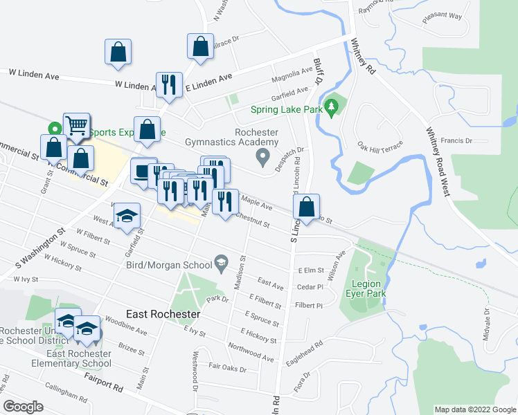 map of restaurants, bars, coffee shops, grocery stores, and more near 211 East Chestnut Street in East Rochester