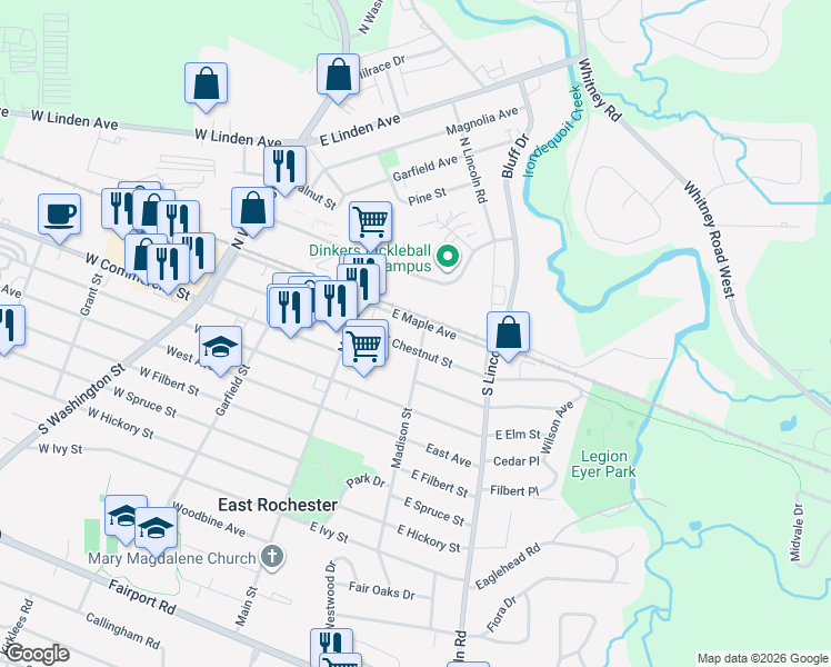 map of restaurants, bars, coffee shops, grocery stores, and more near 141 East Chestnut Street in East Rochester