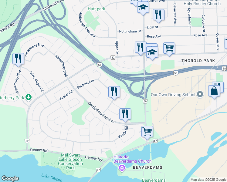 map of restaurants, bars, coffee shops, grocery stores, and more near 2 Remigio Court in Thorold