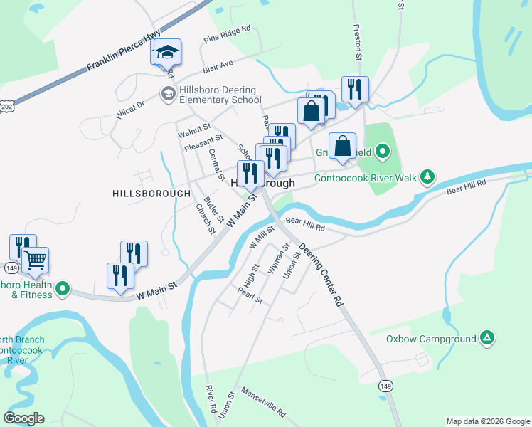 map of restaurants, bars, coffee shops, grocery stores, and more near 9 West Mill Street in Hillsboro