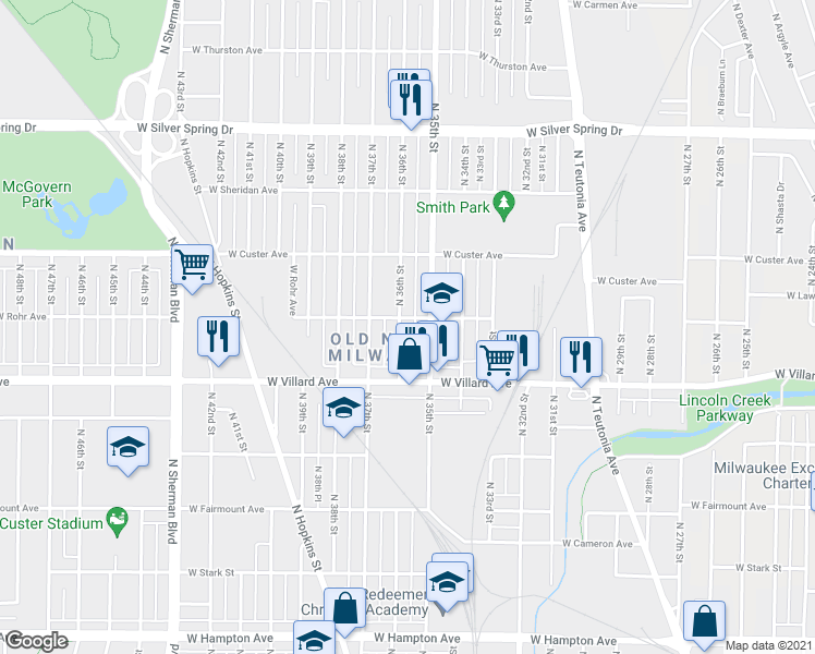 map of restaurants, bars, coffee shops, grocery stores, and more near 5249 North 35th Street in Milwaukee