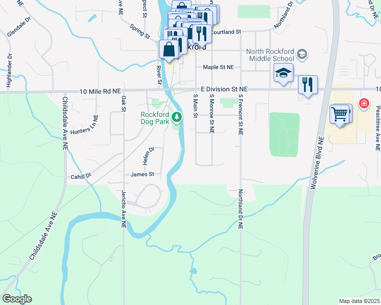 map of restaurants, bars, coffee shops, grocery stores, and more near 265 South Main Street in Rockford