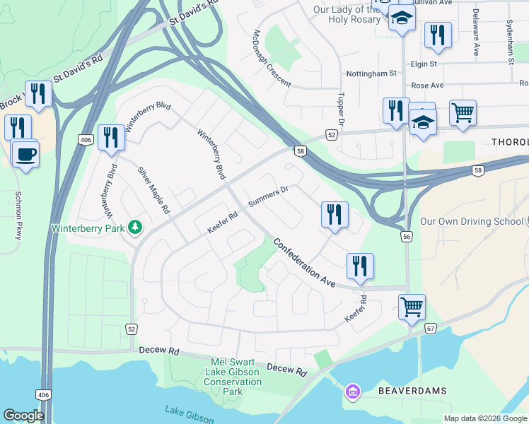 map of restaurants, bars, coffee shops, grocery stores, and more near 19 Crysler Crescent in Thorold