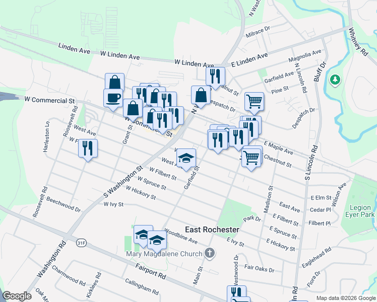 map of restaurants, bars, coffee shops, grocery stores, and more near 218 West Elm Street in East Rochester