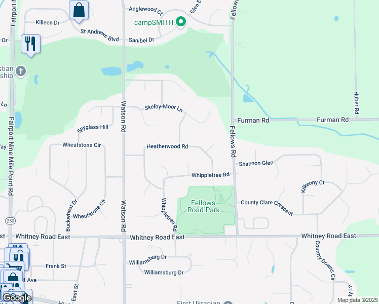 map of restaurants, bars, coffee shops, grocery stores, and more near 5 Dunham Circle in Fairport