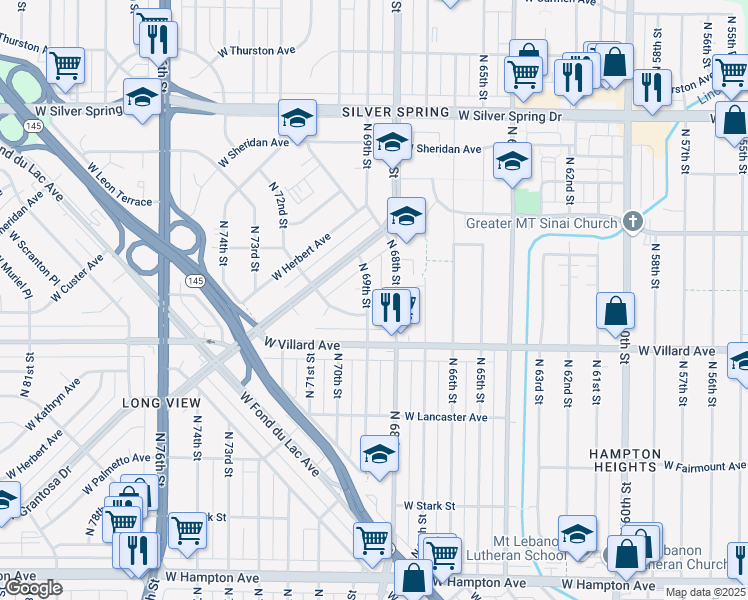 map of restaurants, bars, coffee shops, grocery stores, and more near 6901 West Tallmadge Place in Milwaukee