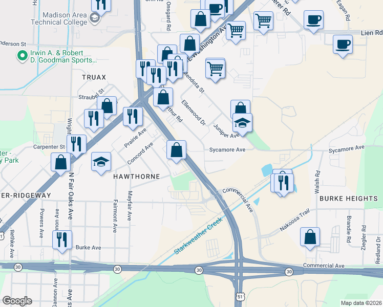 map of restaurants, bars, coffee shops, grocery stores, and more near 3601 Larson Court in Madison