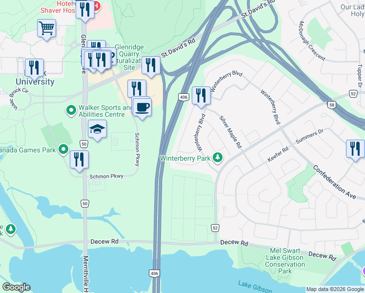 map of restaurants, bars, coffee shops, grocery stores, and more near 27 Sugar Maple Road in Thorold