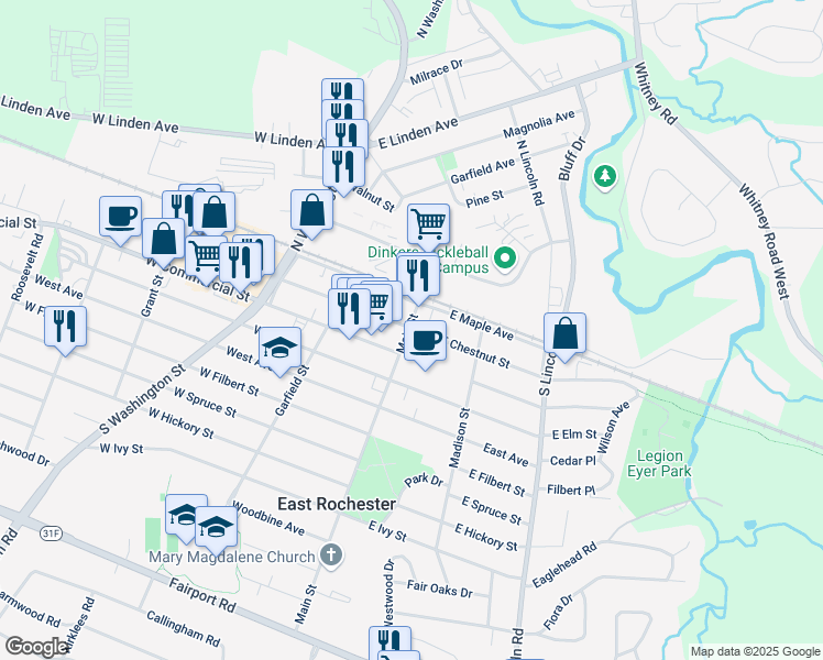 map of restaurants, bars, coffee shops, grocery stores, and more near 120 East Commercial Street in East Rochester