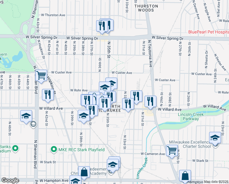 map of restaurants, bars, coffee shops, grocery stores, and more near 5247 North 34th Street in Milwaukee