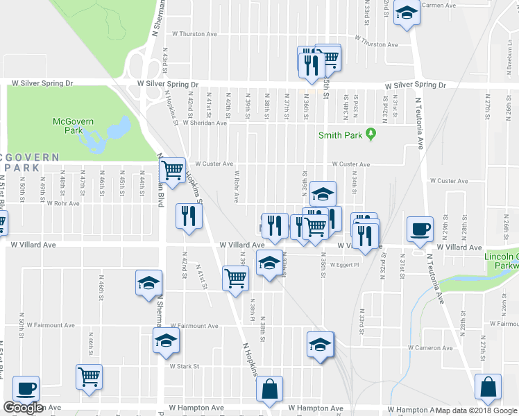 map of restaurants, bars, coffee shops, grocery stores, and more near 5243 North 38th Street in Milwaukee