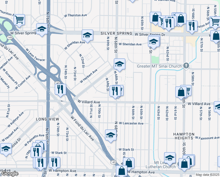 map of restaurants, bars, coffee shops, grocery stores, and more near 6901 West Tallmadge Place in Milwaukee
