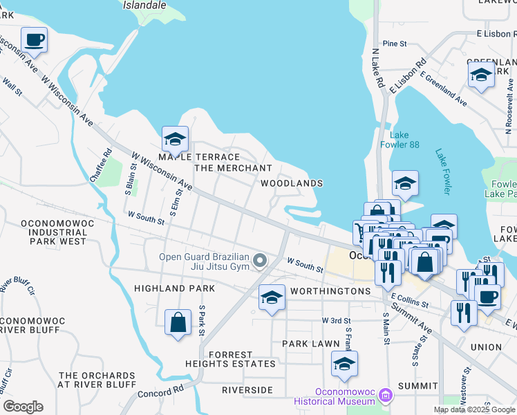 map of restaurants, bars, coffee shops, grocery stores, and more near 463 West Wisconsin Avenue in Oconomowoc