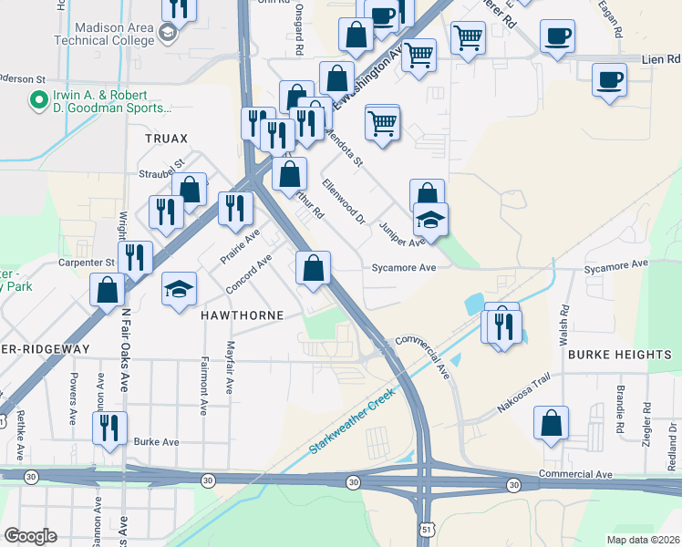 map of restaurants, bars, coffee shops, grocery stores, and more near 3601 Larson Court in Madison