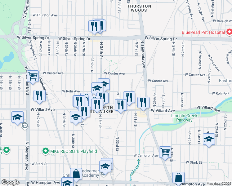 map of restaurants, bars, coffee shops, grocery stores, and more near 5253 North 33rd Street in Milwaukee