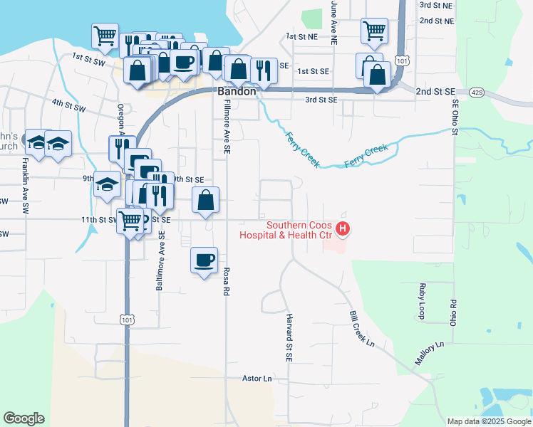 map of restaurants, bars, coffee shops, grocery stores, and more near 1095 Grand Avenue Southeast in Bandon
