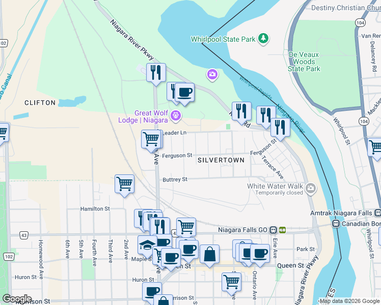 map of restaurants, bars, coffee shops, grocery stores, and more near 4655 Ferguson Street in Niagara Falls