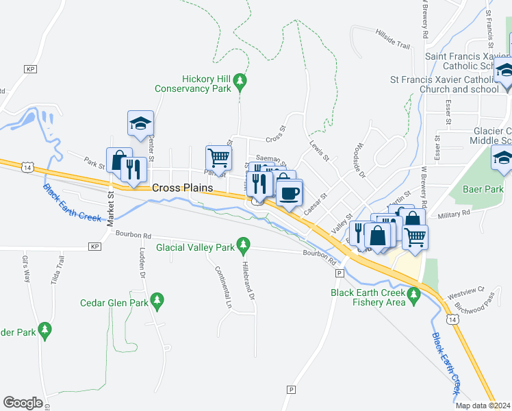 map of restaurants, bars, coffee shops, grocery stores, and more near 1900 Mill Creek Parkway in Cross Plains