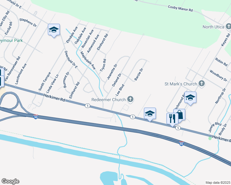 map of restaurants, bars, coffee shops, grocery stores, and more near 410 Lee Boulevard in Utica