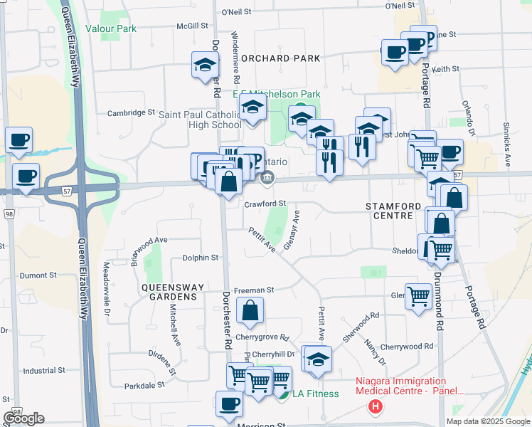 map of restaurants, bars, coffee shops, grocery stores, and more near 4110 London Court in Niagara Falls