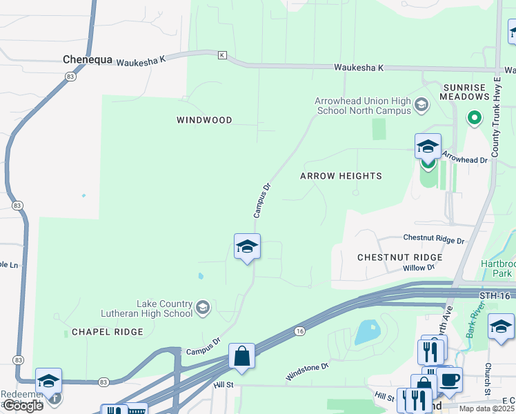 map of restaurants, bars, coffee shops, grocery stores, and more near Campus Drive in Hartland