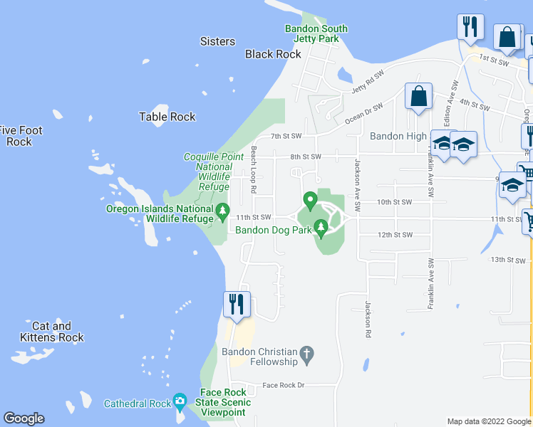 map of restaurants, bars, coffee shops, grocery stores, and more near 1360 11th Street Southwest in Bandon