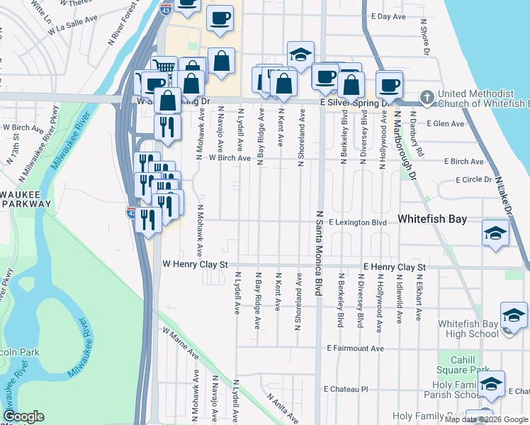 map of restaurants, bars, coffee shops, grocery stores, and more near 5276 North Bay Ridge Avenue in Whitefish Bay