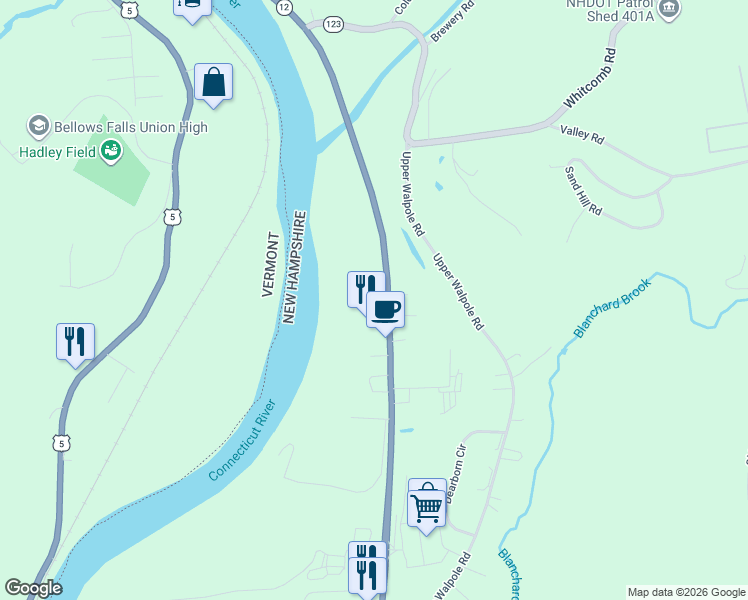map of restaurants, bars, coffee shops, grocery stores, and more near 549 Main Street in Walpole