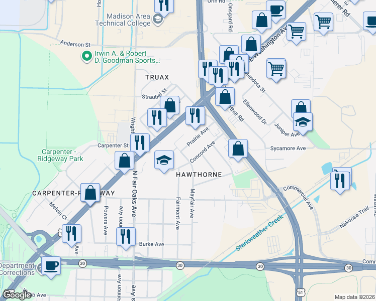 map of restaurants, bars, coffee shops, grocery stores, and more near 3418 Concord Avenue in Madison