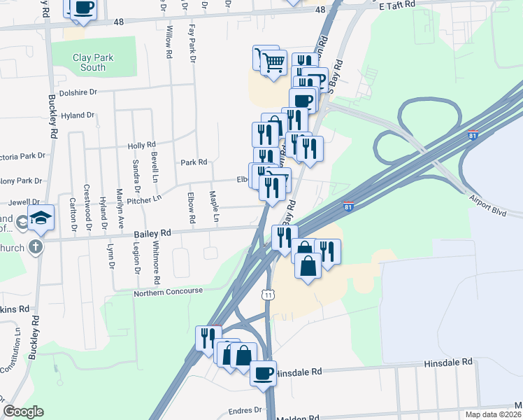 map of restaurants, bars, coffee shops, grocery stores, and more near 3502 Brewerton Road in Syracuse