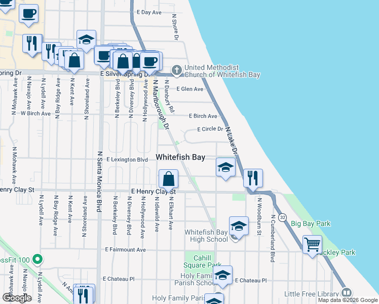 map of restaurants, bars, coffee shops, grocery stores, and more near 912 East Lexington Boulevard in Whitefish Bay