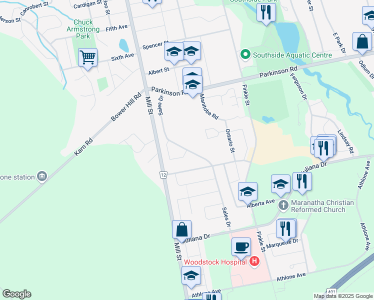 map of restaurants, bars, coffee shops, grocery stores, and more near 437 Sales Drive in Woodstock