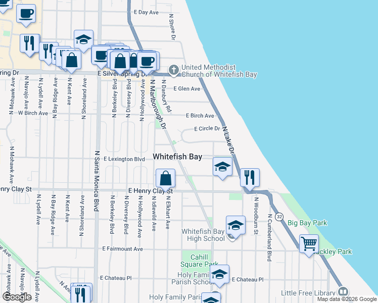 map of restaurants, bars, coffee shops, grocery stores, and more near 933 East Lexington Boulevard in Whitefish Bay
