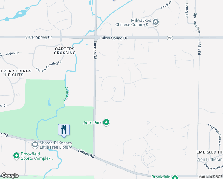 map of restaurants, bars, coffee shops, grocery stores, and more near N53W20145 Beechcraft Road in Menomonee Falls
