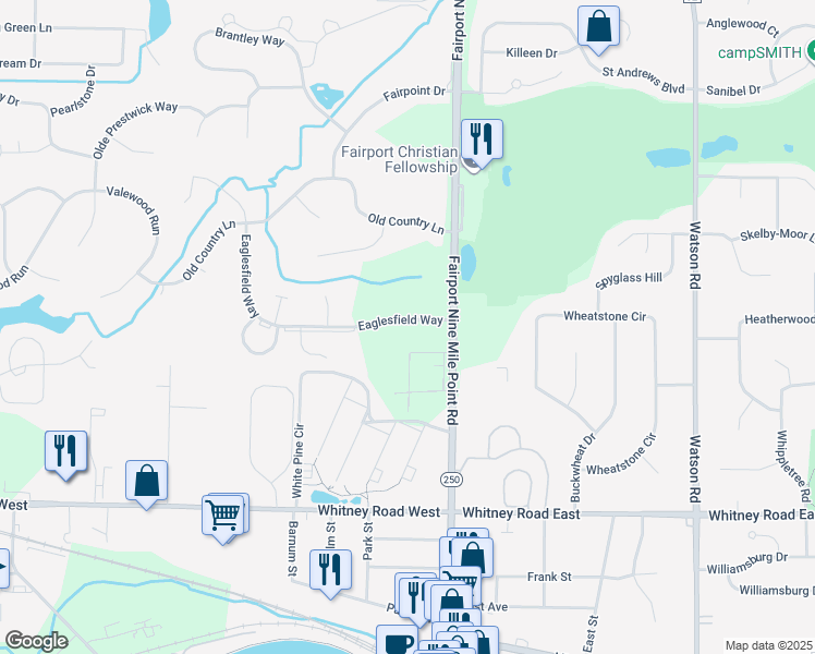 map of restaurants, bars, coffee shops, grocery stores, and more near 9 Eaglesfield Way in Fairport