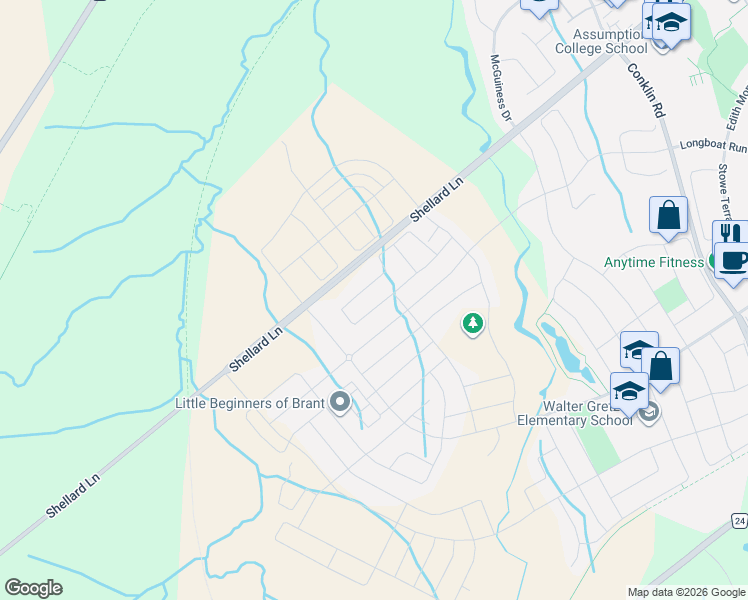map of restaurants, bars, coffee shops, grocery stores, and more near 70 Munro Circle in Brantford