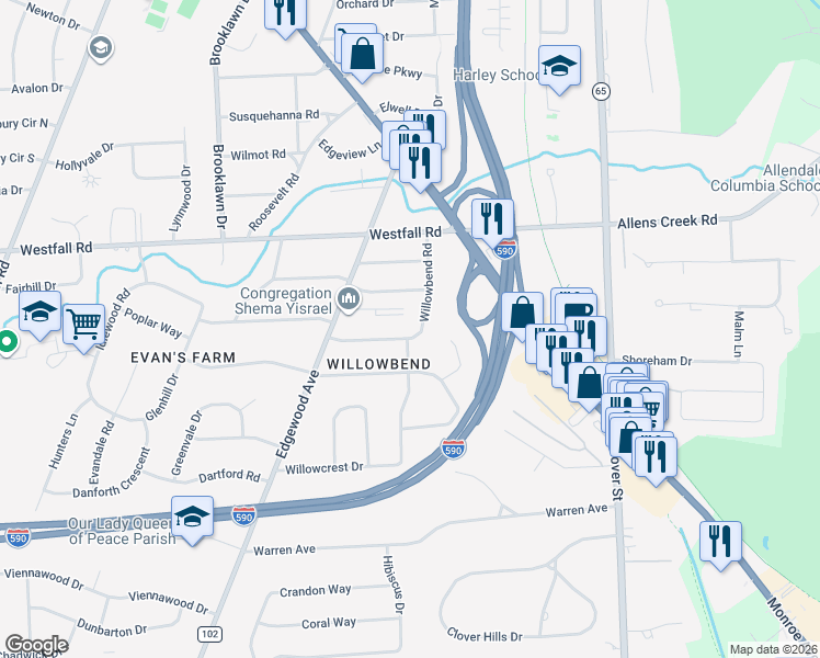map of restaurants, bars, coffee shops, grocery stores, and more near 211 Willowbend Road in Rochester
